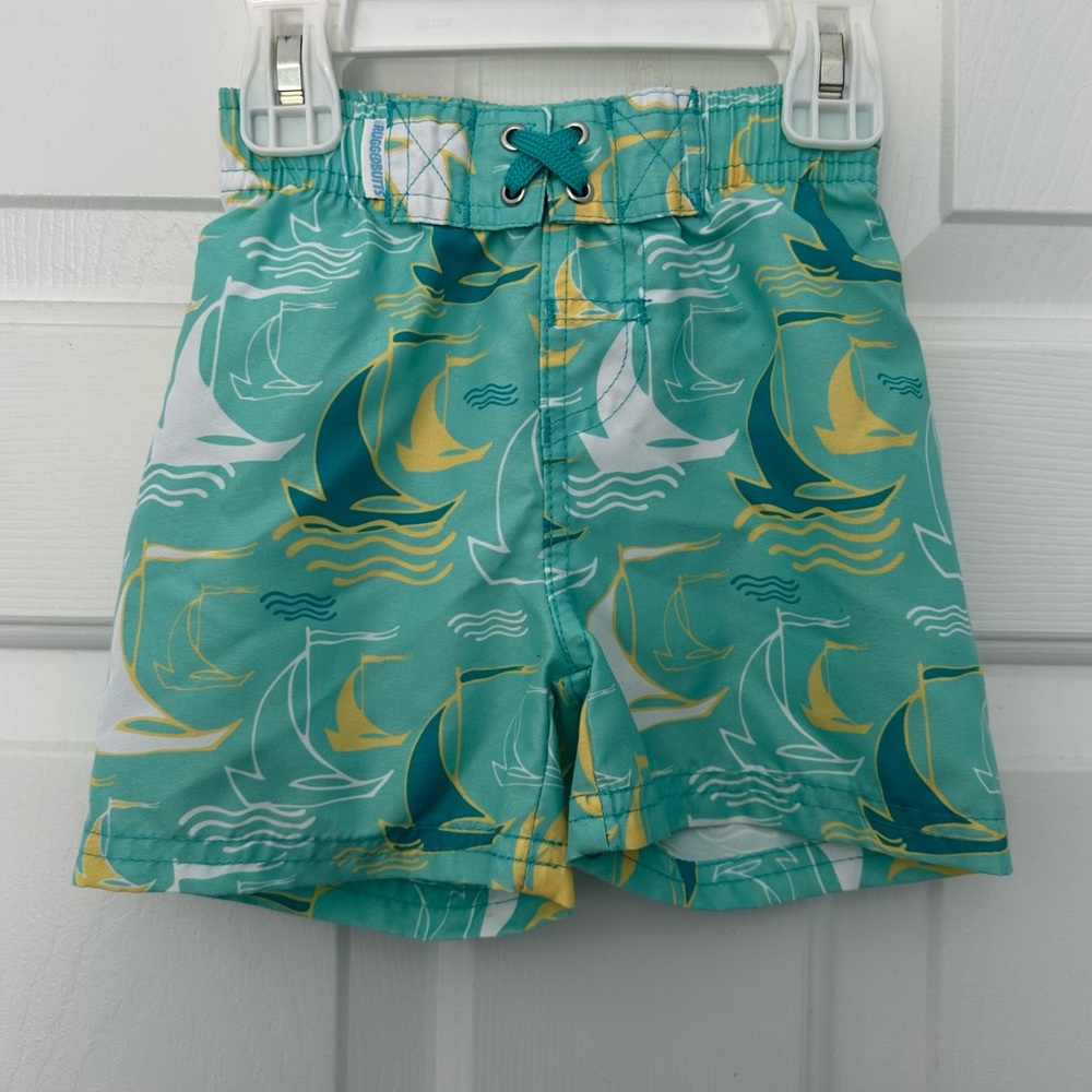 Rugged Butts Boys Sailboat Swim Trunks Shorts Green Yellow Sz 12-18 Mts